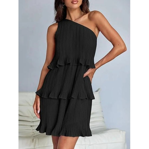 'Hesper' Layered Single Shoulder Mini Dress - Celes Fashion